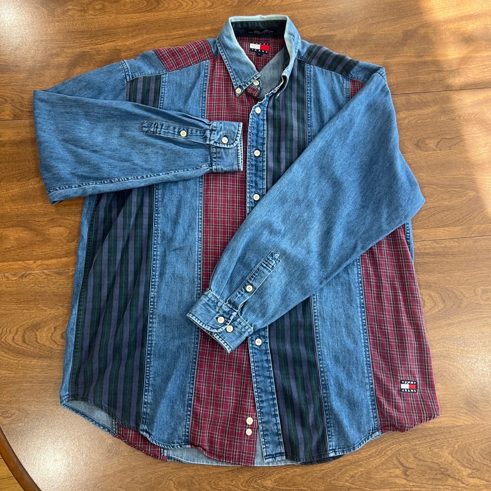 Vintage Tommy Jeans Patchwork Denim Plaid Striped Shirt Mens Large 90s Hilfiger